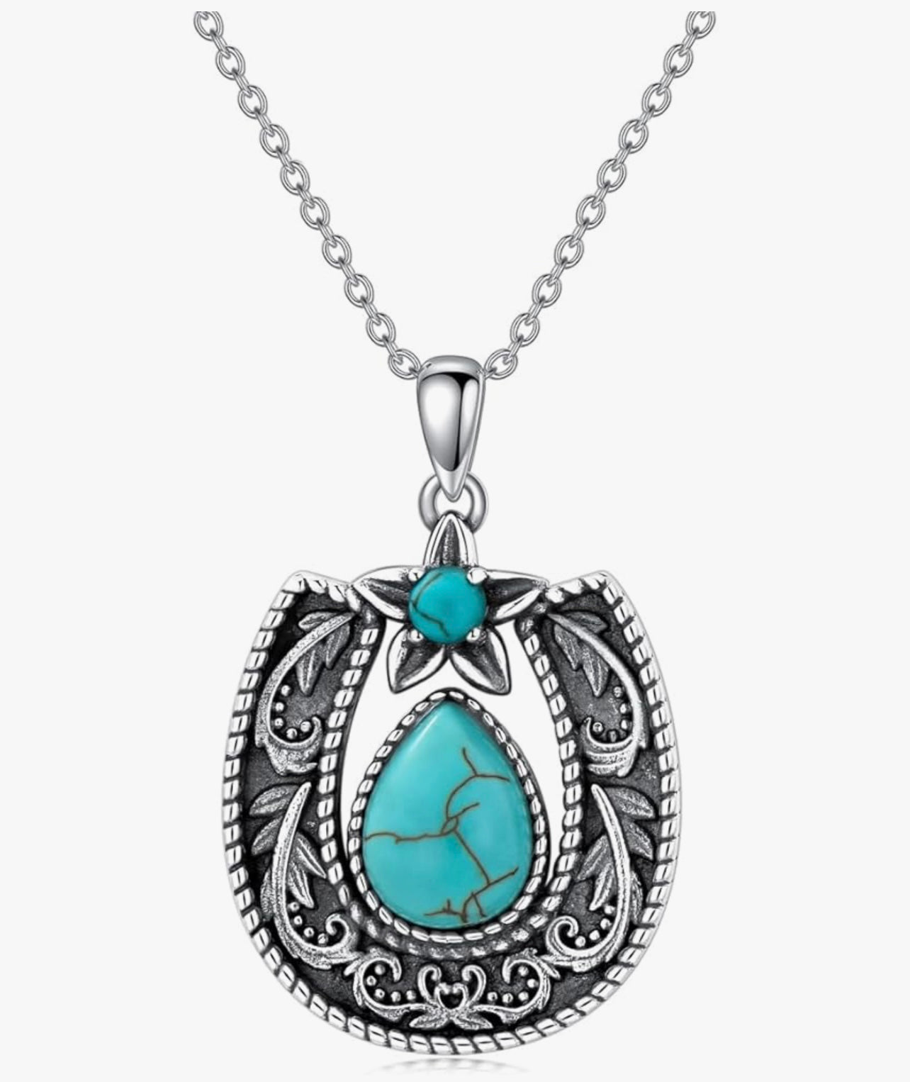 MD Vintage Natural Turquoise 925K Sterling Silver  Horseshoe Pendant Necklace